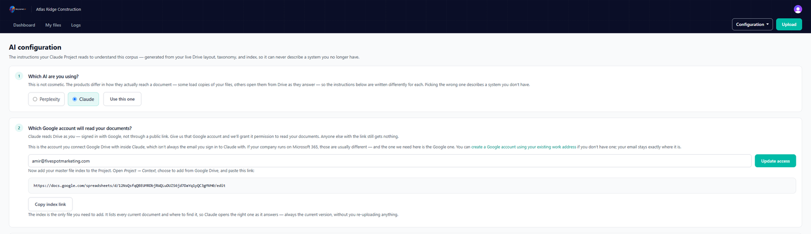 The AI configuration screen: choosing which assistant you use, and entering the Google account that will be granted read access, with the link to copy.