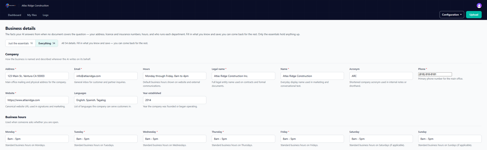 The Business details screen with fields for company address, email, hours, legal name, phone, website, languages and year established.