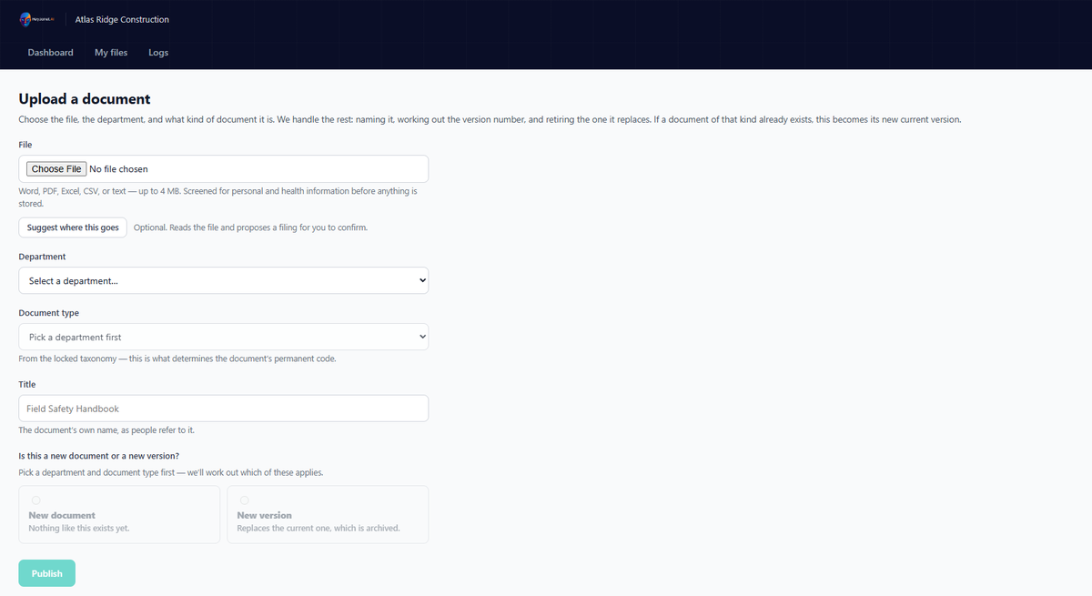 The upload form with fields for file, department, document type and title, and a choice between new document and new version.